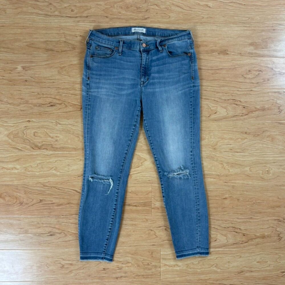 Madewell Blue High Riser Skinny Jeans 32 Distressed Ripped Knee Stretch Denim